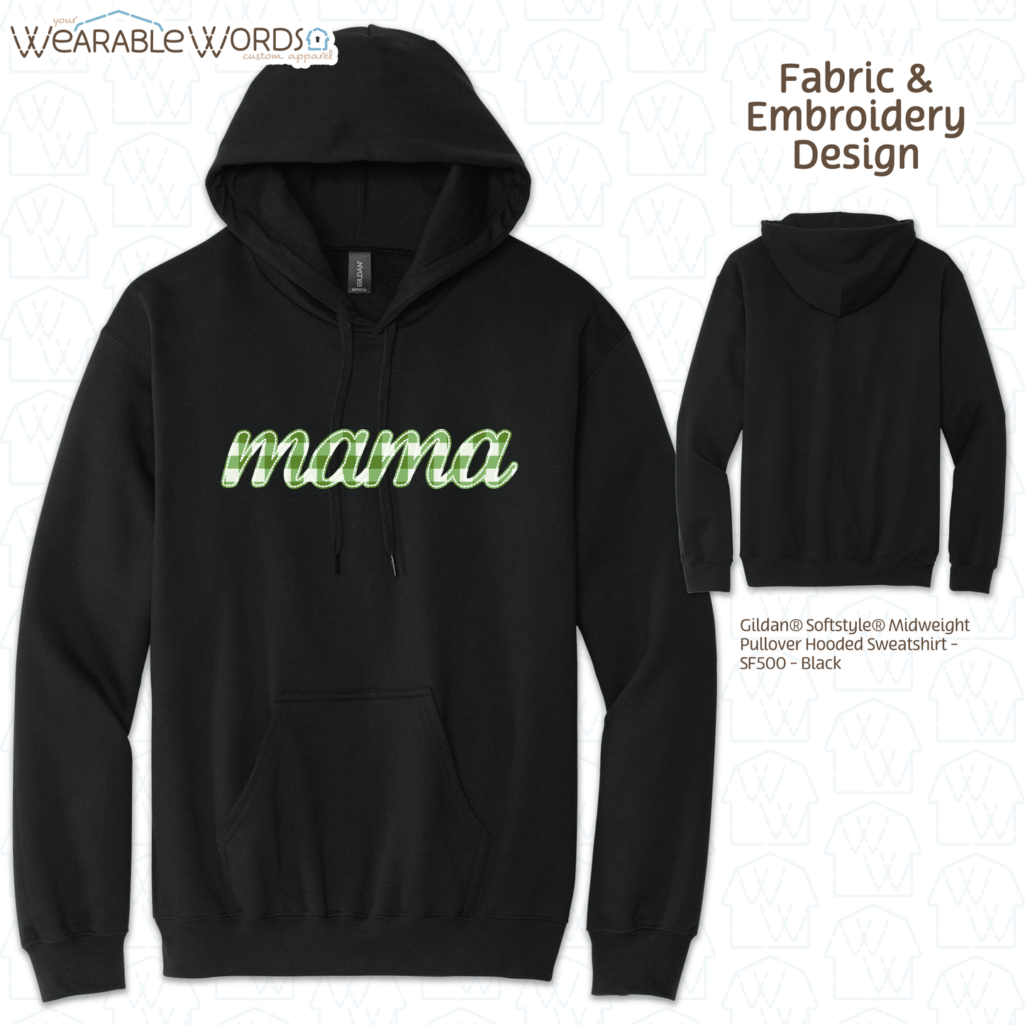 Green Plaid Mama Embroidered Hoodie | White, Grey, or Black Sweatshirt
