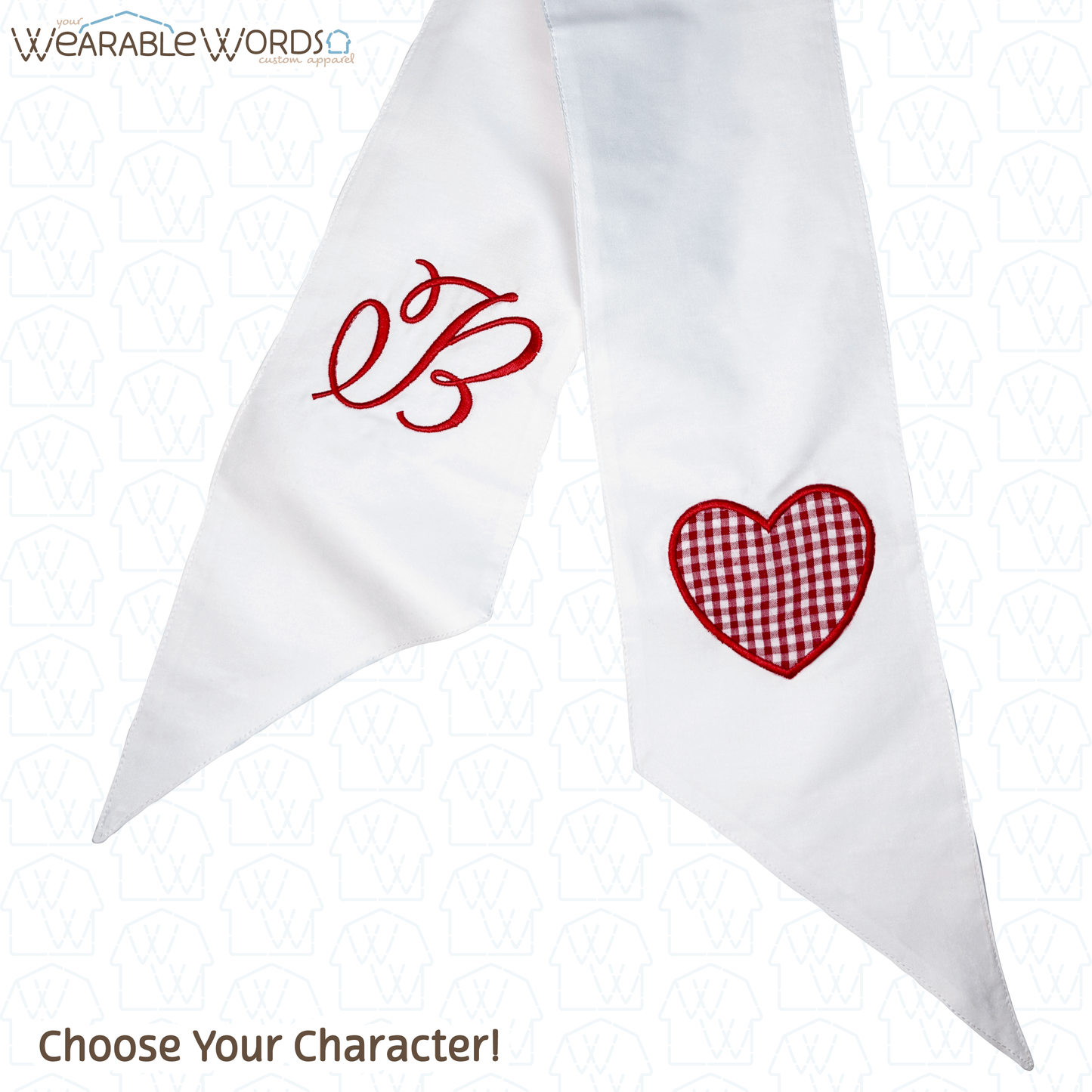 Custom Character Heart Design Door & Wreath Sash | Red and White Embroidery | Valentine's Day