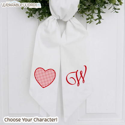 Custom Character Heart Design Door & Wreath Sash | Red and White Embroidery | Valentine's Day