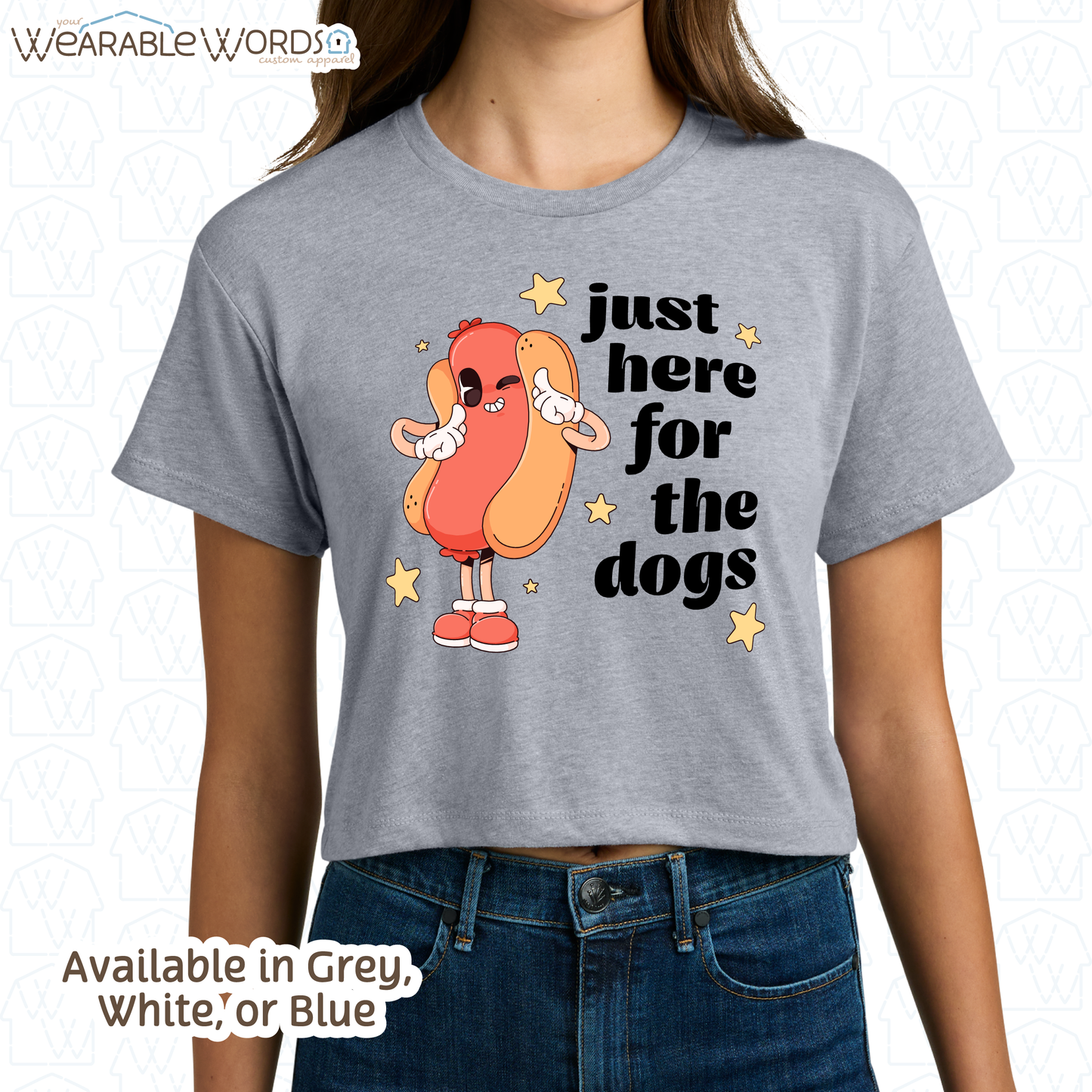 Just Here For The Dogs Cropped Graphic Tee | Cute Pastel Hot Dog Character Summer Stars Print | Women's Crop Top
