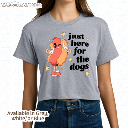 Just Here For The Dogs Cropped Graphic Tee | Cute Pastel Hot Dog Character Summer Stars Print | Women's Crop Top