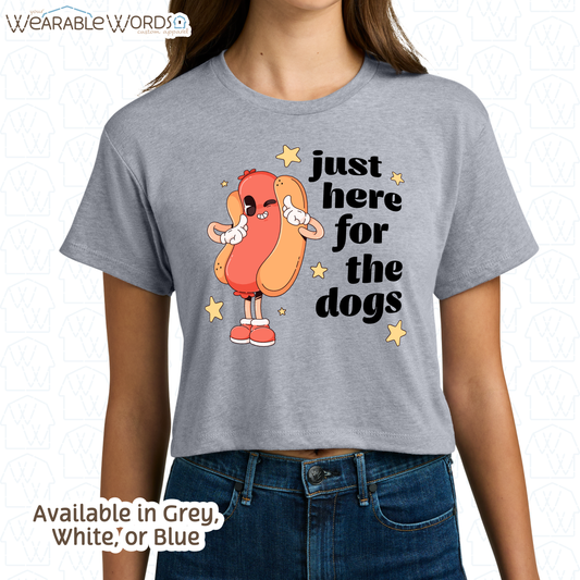 Just Here For The Dogs Cropped Graphic Tee | Cute Pastel Hot Dog Character Summer Stars Print | Women's Crop Top