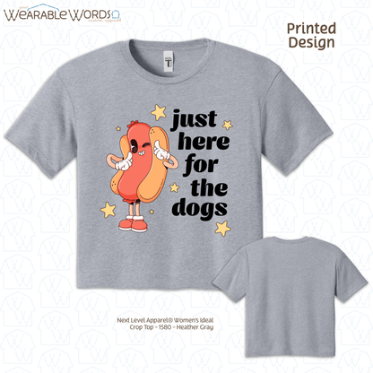 Just Here For The Dogs Cropped Graphic Tee | Cute Pastel Hot Dog Character Summer Stars Print | Women's Crop Top