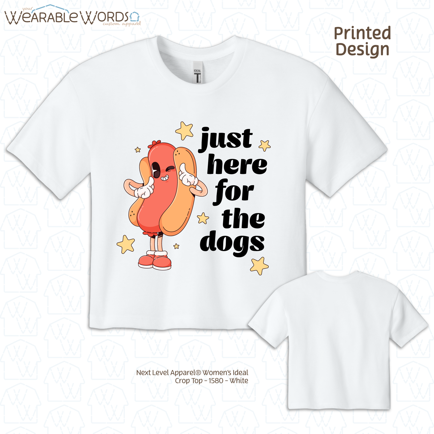 Just Here For The Dogs Cropped Graphic Tee | Cute Pastel Hot Dog Character Summer Stars Print | Women's Crop Top