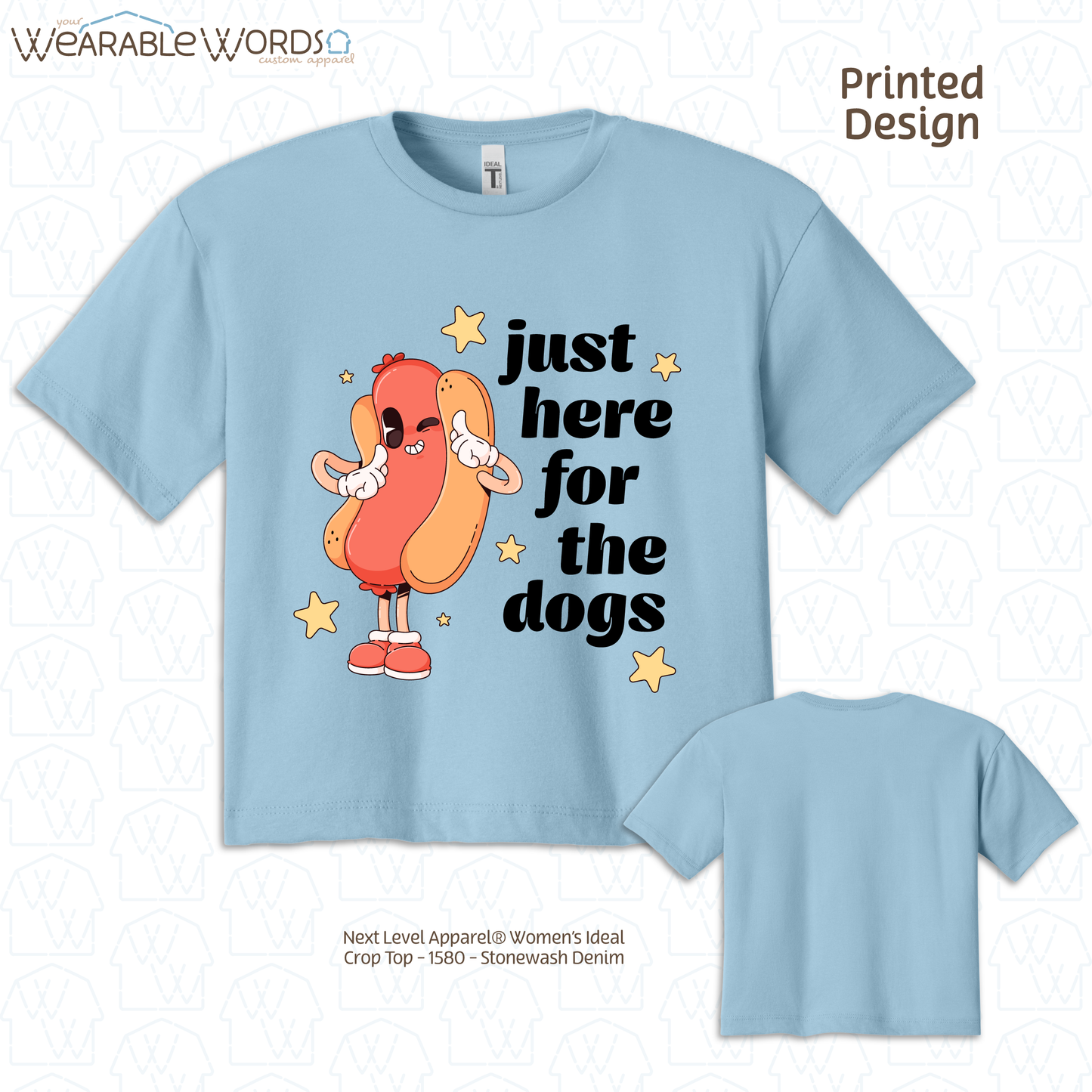 Just Here For The Dogs Cropped Graphic Tee | Cute Pastel Hot Dog Character Summer Stars Print | Women's Crop Top