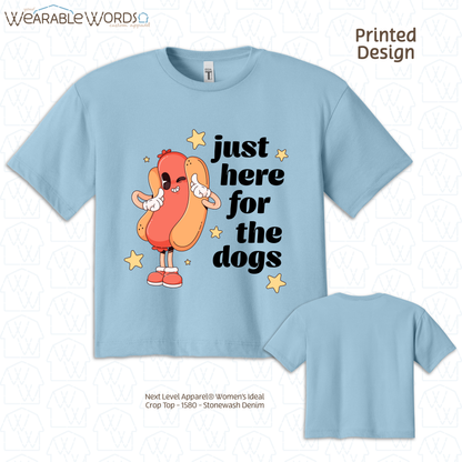 Just Here For The Dogs Cropped Graphic Tee | Cute Pastel Hot Dog Character Summer Stars Print | Women's Crop Top