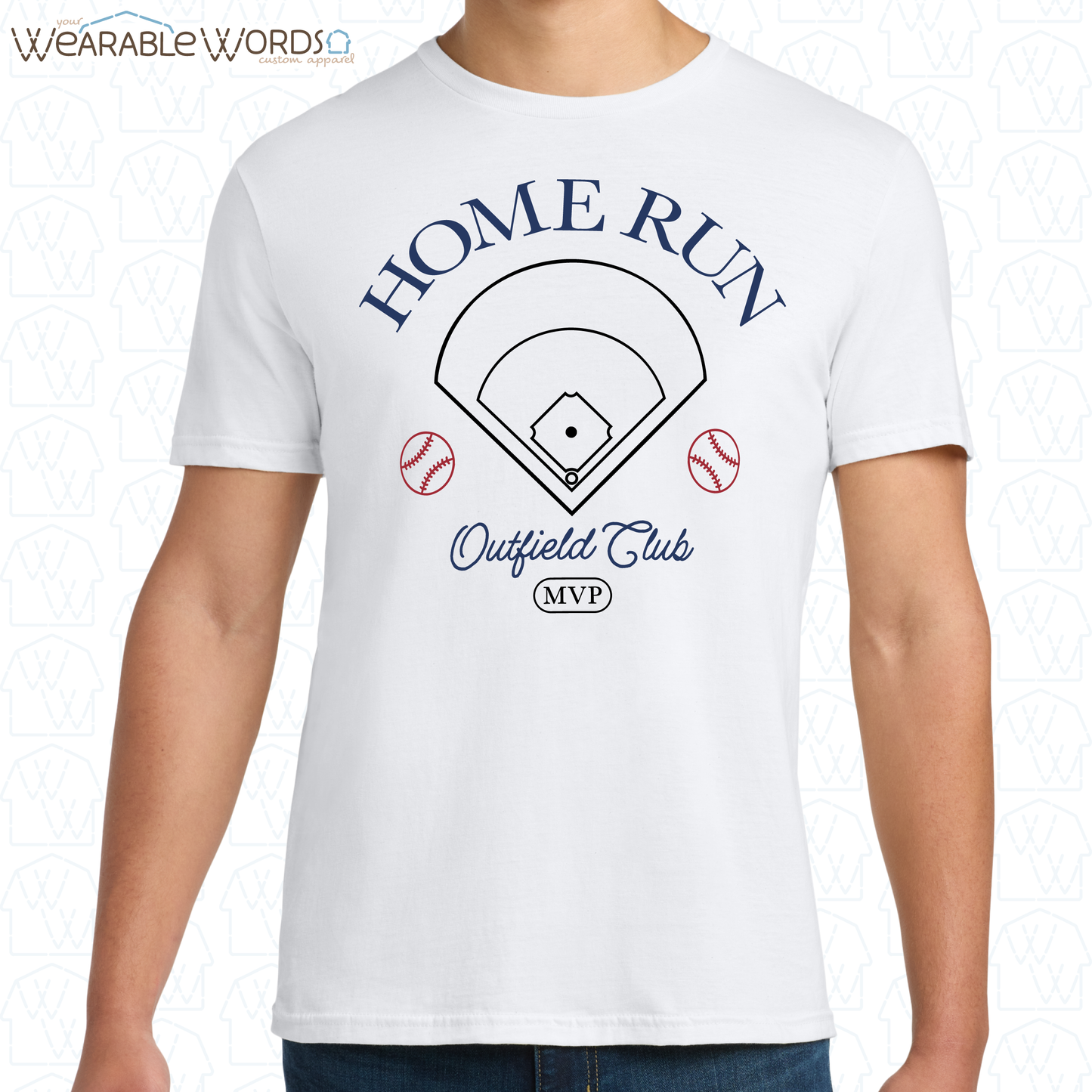 Home Run Outfield Club White Graphic Tee | Red White & Blue Baseball Field Vintage Style Print | Unisex T-Shirt