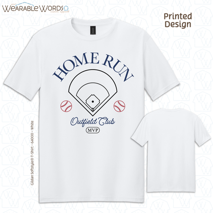 Home Run Outfield Club White Graphic Tee | Red White & Blue Baseball Field Vintage Style Print | Unisex T-Shirt