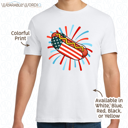 American Flag Hot Dog Graphic Tee | Red White Blue Firework Print | Unisex T-Shirt