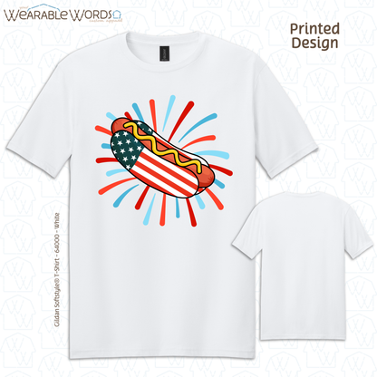 American Flag Hot Dog Graphic Tee | Red White Blue Firework Print | Unisex T-Shirt