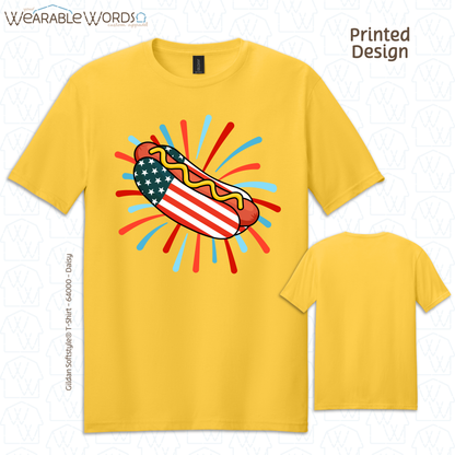 American Flag Hot Dog Graphic Tee | Red White Blue Firework Print | Unisex T-Shirt