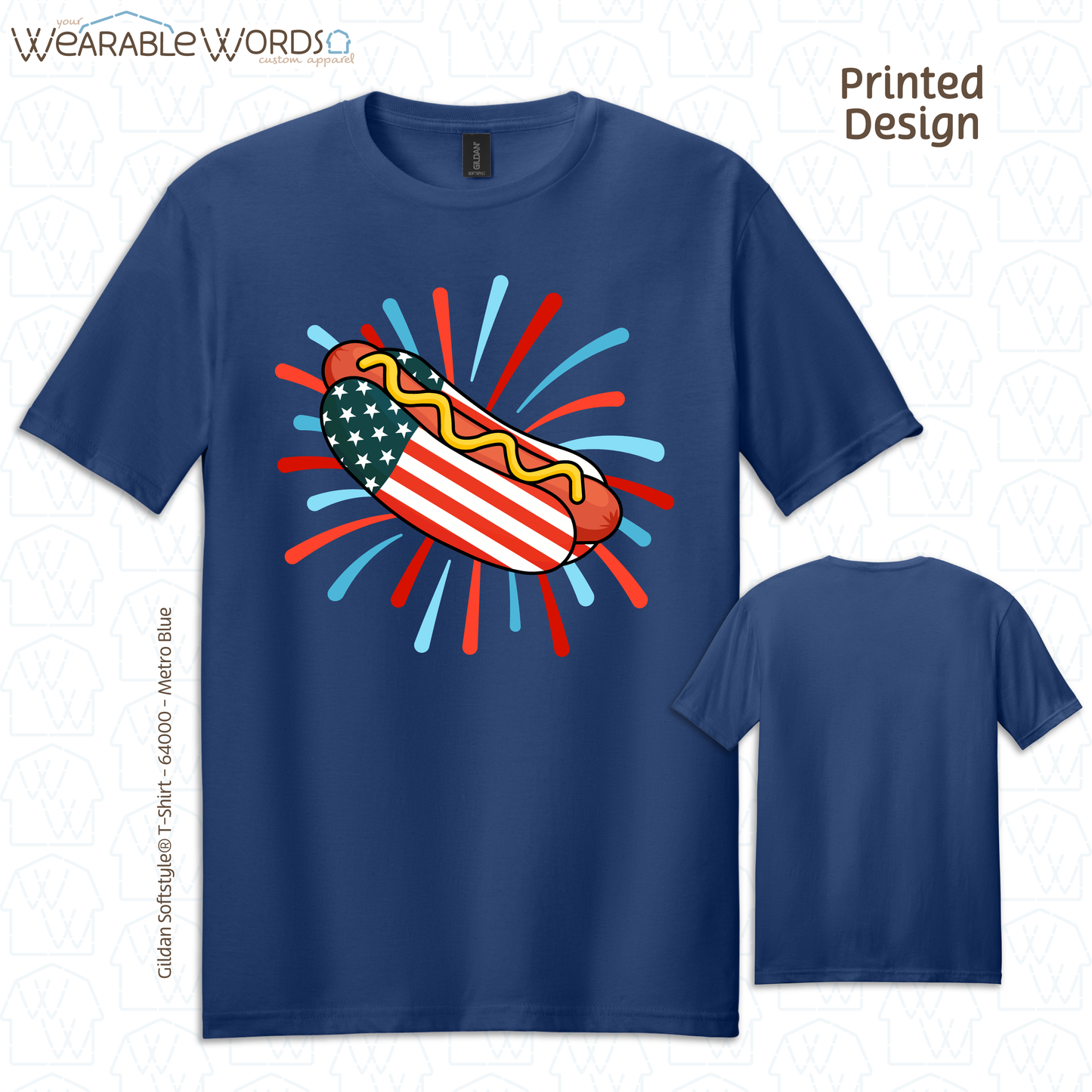 American Flag Hot Dog Graphic Tee | Red White Blue Firework Print | Unisex T-Shirt