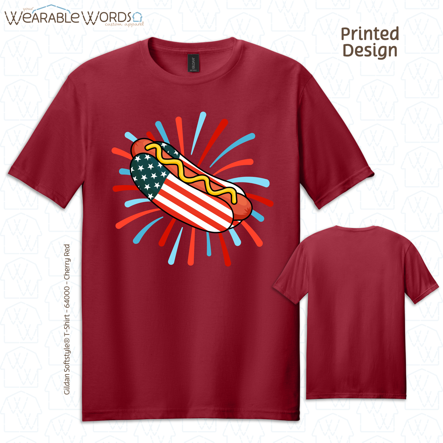 American Flag Hot Dog Graphic Tee | Red White Blue Firework Print | Unisex T-Shirt