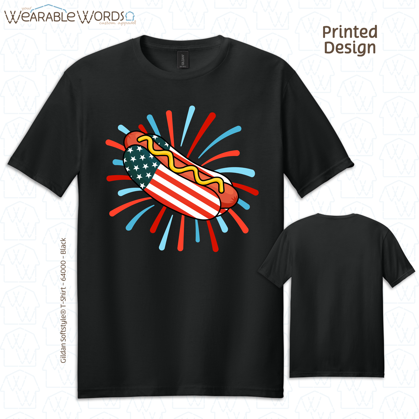American Flag Hot Dog Graphic Tee | Red White Blue Firework Print | Unisex T-Shirt