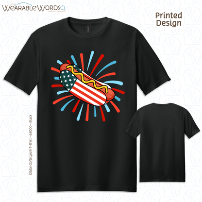 American Flag Hot Dog Graphic Tee | Red White Blue Firework Print | Unisex T-Shirt