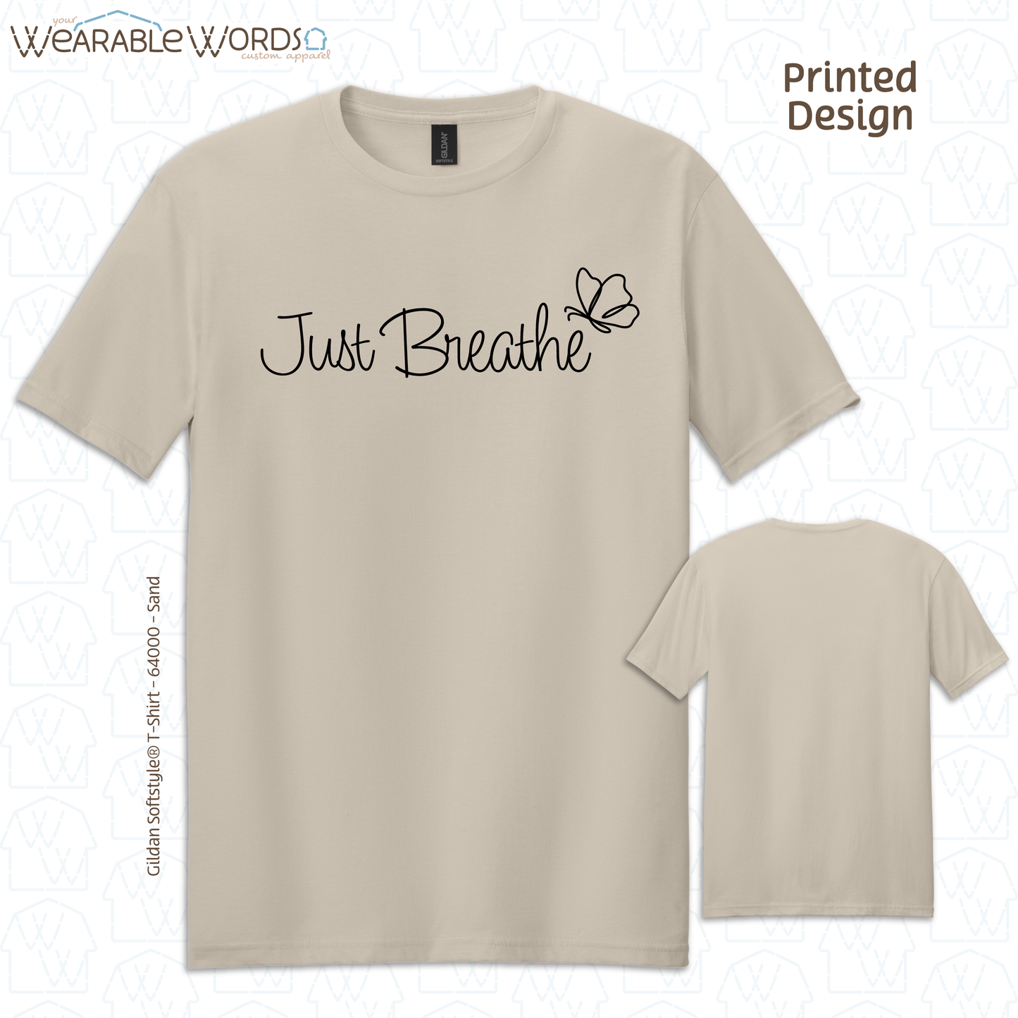 Just Breathe Graphic Tee | Simple Calming Cursive Butterfly Print | Unisex T-Shirt