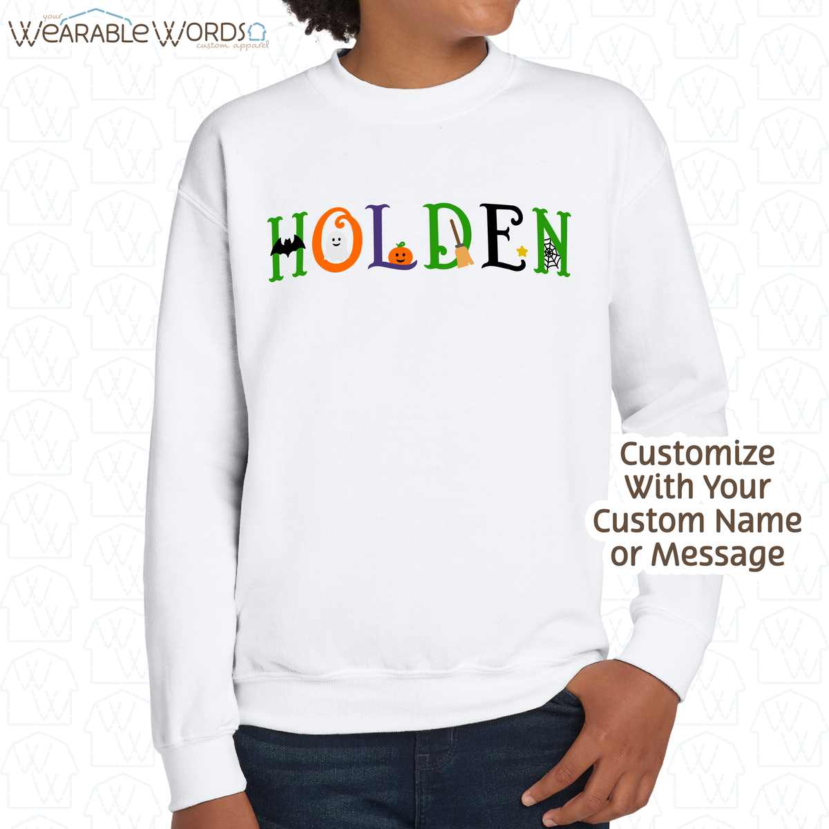 Custom Name Halloween Font Kids Graphic Crewneck | Cute Fun Spooky Colorful Letters Children's Print | Unisex Youth Sweatshirt