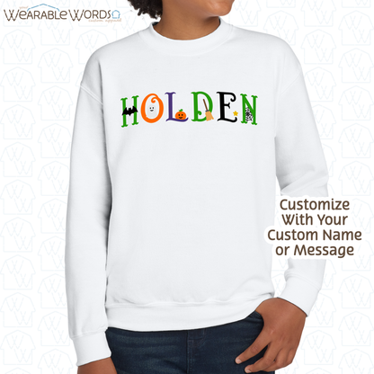Custom Name Halloween Font Kids Graphic Crewneck | Cute Fun Spooky Colorful Letters Children's Print | Unisex Youth Sweatshirt