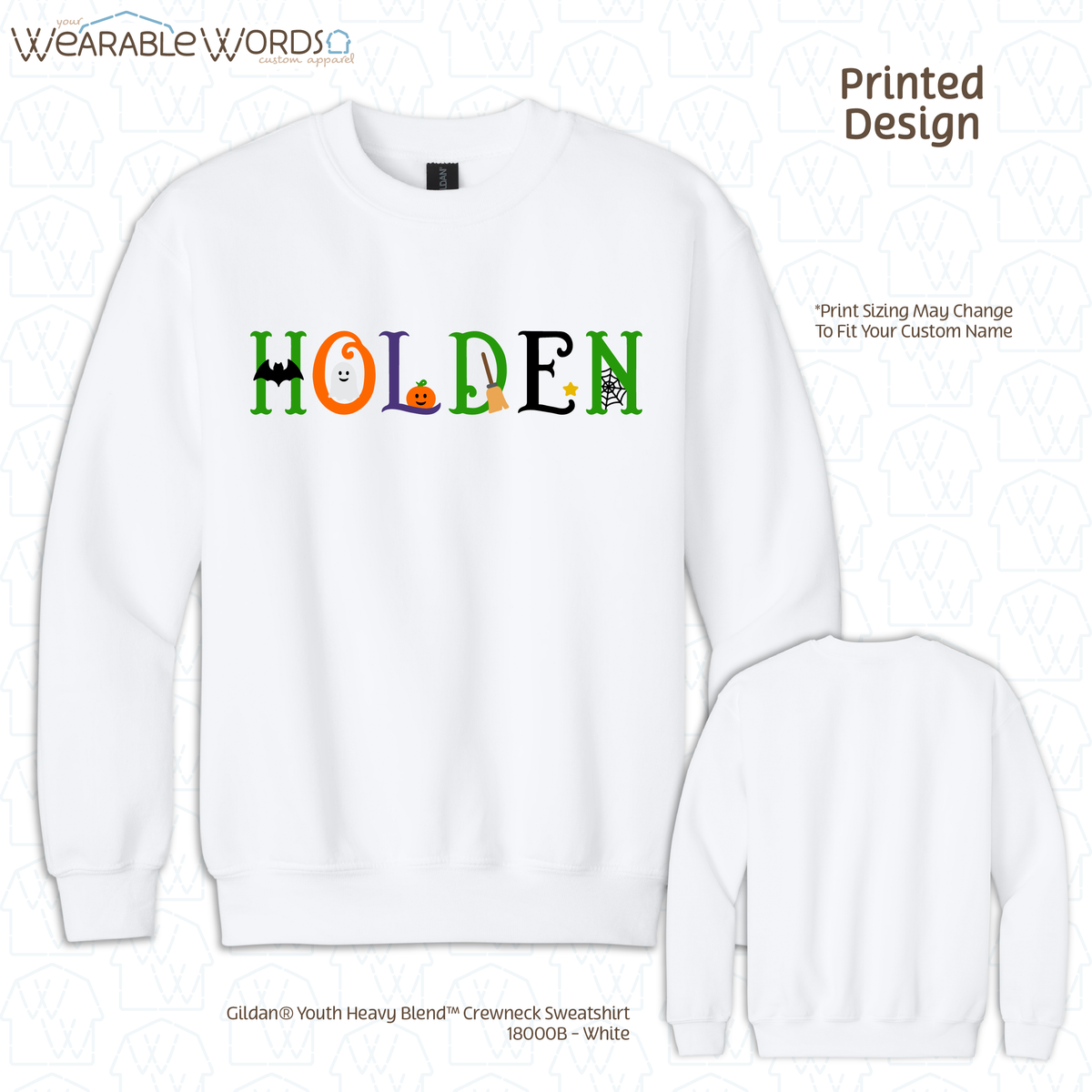 Custom Name Halloween Font Kids Graphic Crewneck | Cute Fun Spooky Colorful Letters Children's Print | Unisex Youth Sweatshirt