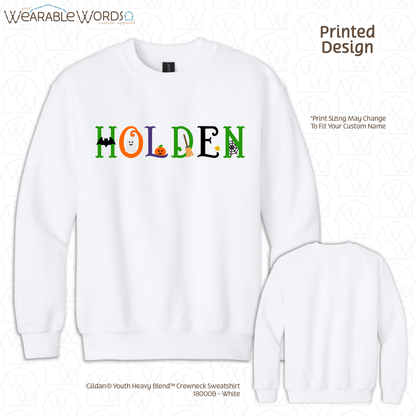 Custom Name Halloween Font Kids Graphic Crewneck | Cute Fun Spooky Colorful Letters Children's Print | Unisex Youth Sweatshirt