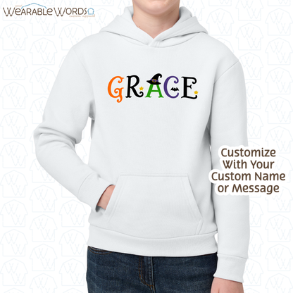 Custom Name Halloween Font Kids Graphic Hoodie | Cute Fun Spooky Colorful Letters Children's Print | Unisex Youth Sweatshirt