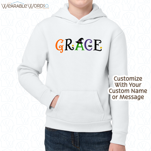 Custom Name Halloween Font Kids Graphic Hoodie | Cute Fun Spooky Colorful Letters Children's Print | Unisex Youth Sweatshirt