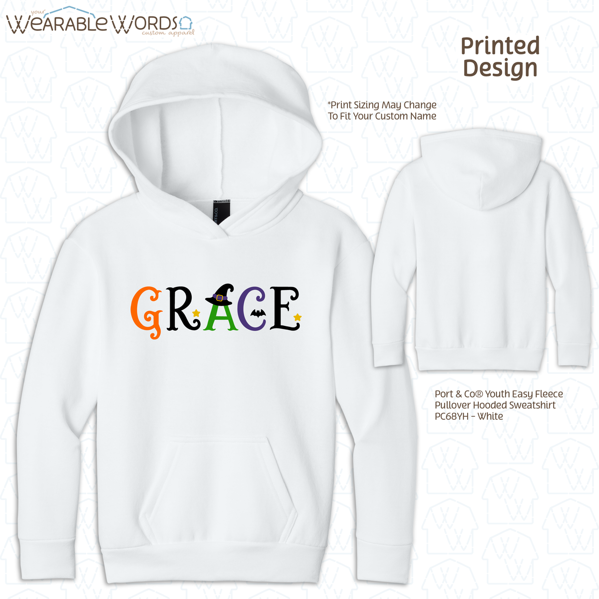 Custom Name Halloween Font Kids Graphic Hoodie | Cute Fun Spooky Colorful Letters Children's Print | Unisex Youth Sweatshirt