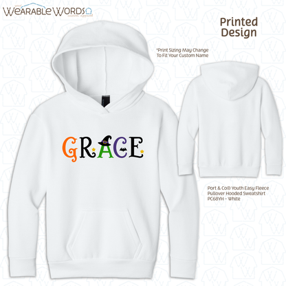 Custom Name Halloween Font Kids Graphic Hoodie | Cute Fun Spooky Colorful Letters Children's Print | Unisex Youth Sweatshirt