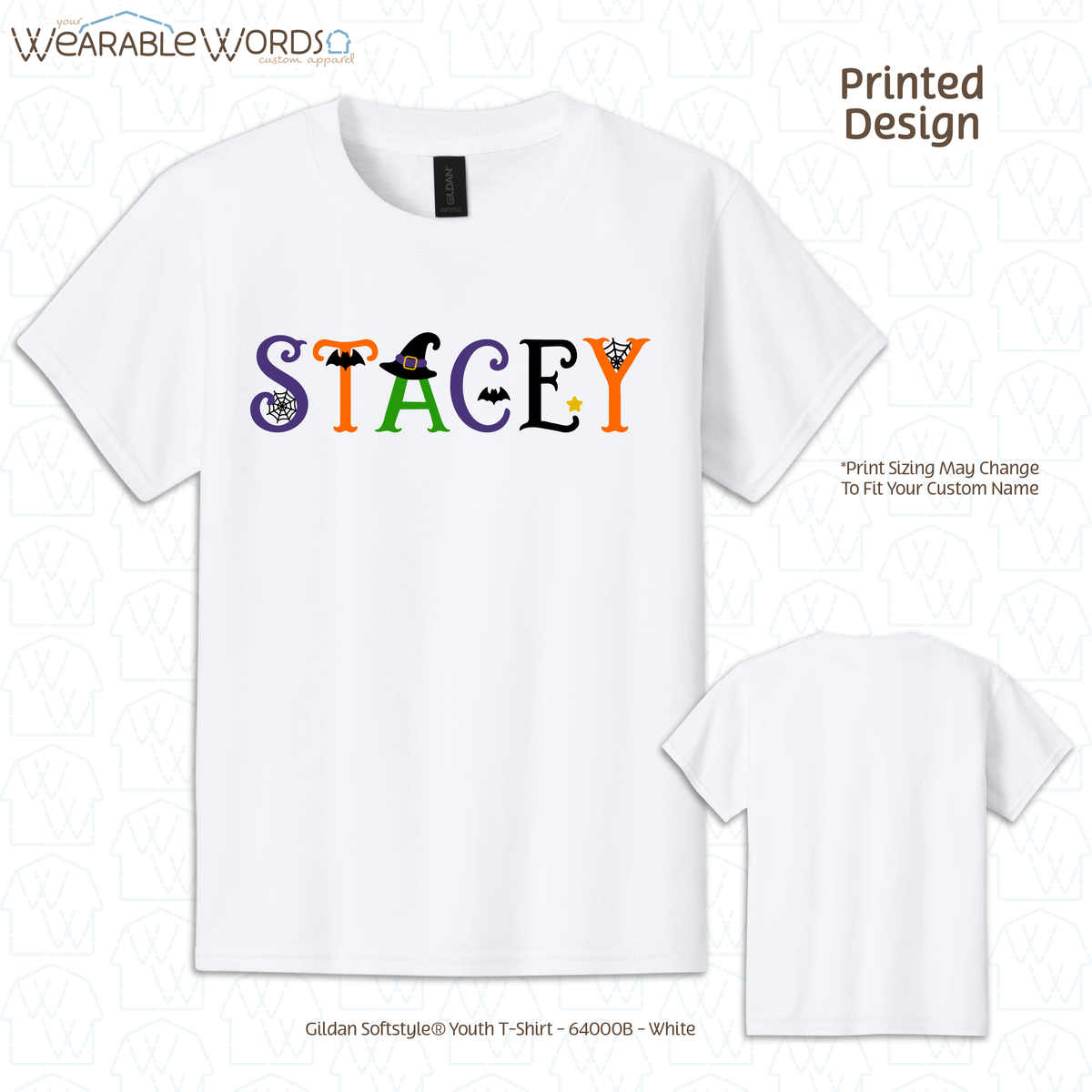 Custom Name Halloween Font Kids Graphic Tee | Cute Fun Spooky Colorful Letters Children's Print | Unisex Youth T-Shirt