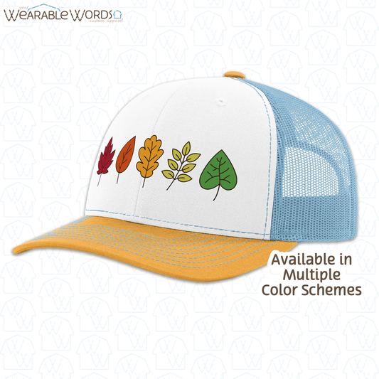 Fall Leaves Graphic Hat | Simple Colorful Autumn Changing Tree Leaf Print | Unisex Mesh Snapback