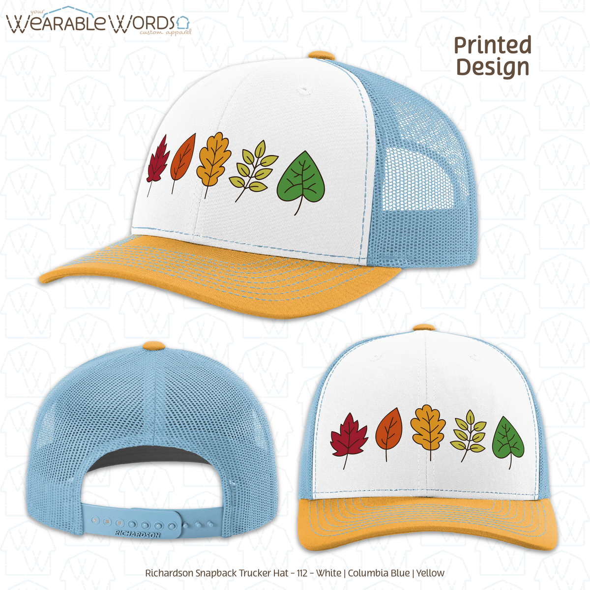 Fall Leaves Graphic Hat | Simple Colorful Autumn Changing Tree Leaf Print | Unisex Mesh Snapback