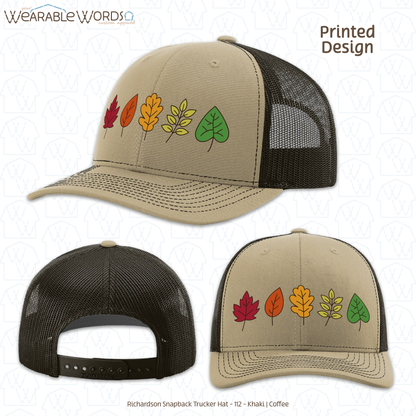 Fall Leaves Graphic Hat | Simple Colorful Autumn Changing Tree Leaf Print | Unisex Mesh Snapback
