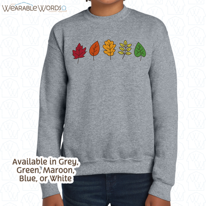 Fall Leaves Kids Graphic Crewneck | Simple Colorful Autumn Changing Tree Leaf Print | Unisex Youth Sweatshirt