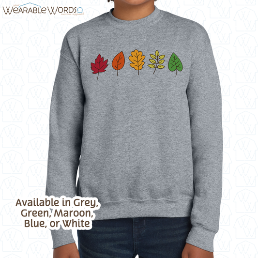 Fall Leaves Kids Graphic Crewneck | Simple Colorful Autumn Changing Tree Leaf Print | Unisex Youth Sweatshirt