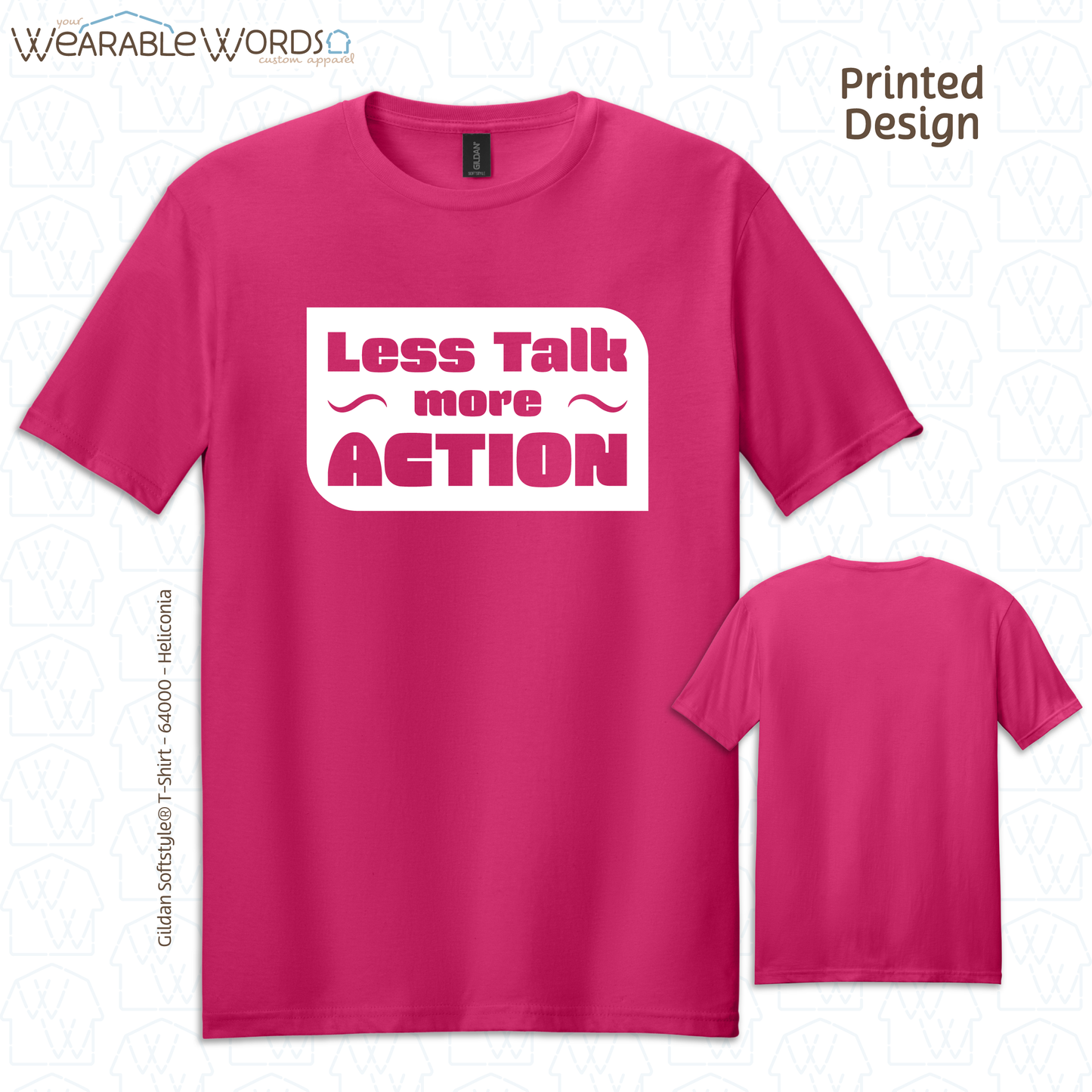 Less Talk More Action Print T-Shirt | Blue, Green, Black, Orange, Red, or Pink Graphic Tee