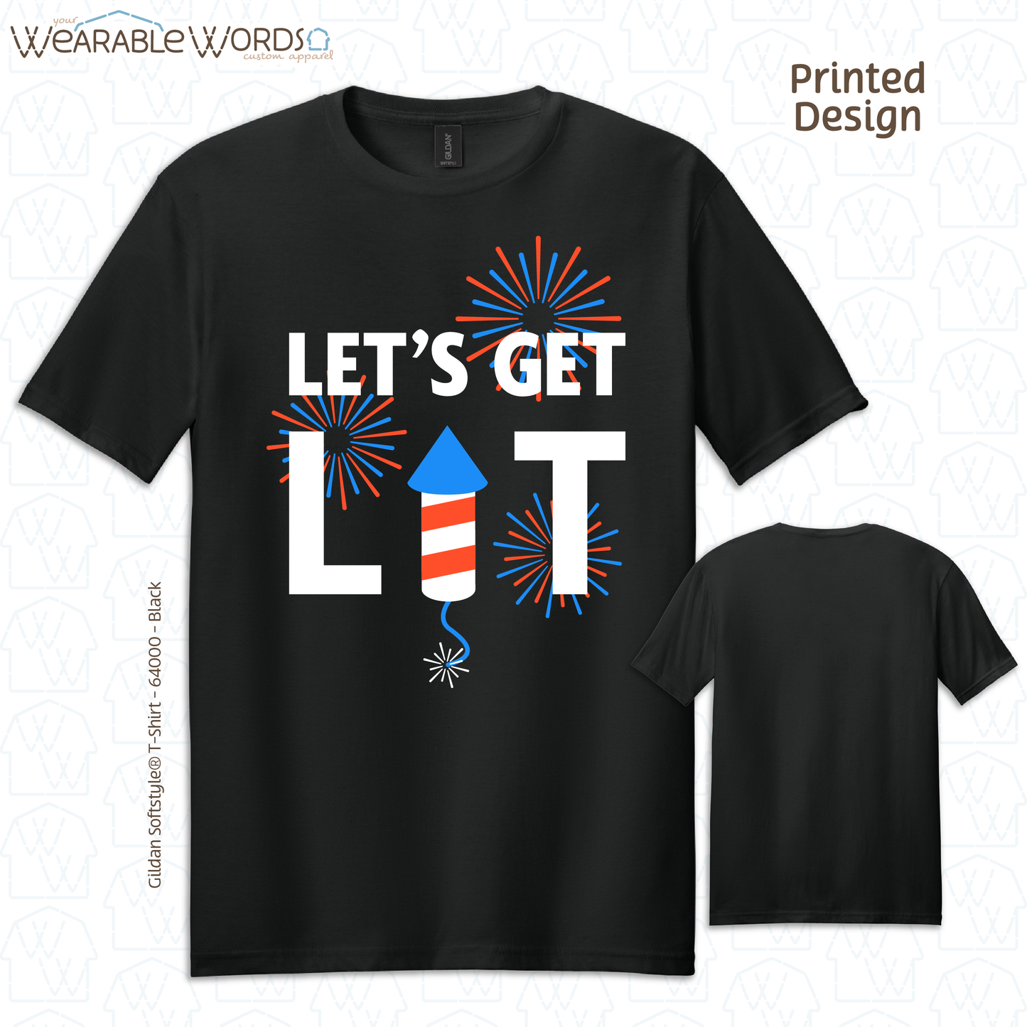 Let's Get Lit Fireworks Graphic Tee | Funny Red White & Blue American Print | Unisex T-Shirt