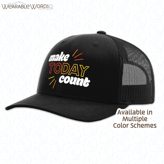 Make Today Count Graphic Hat | Red Orange Yellow Motivational Sunshine Print | Unisex Mesh Snapback
