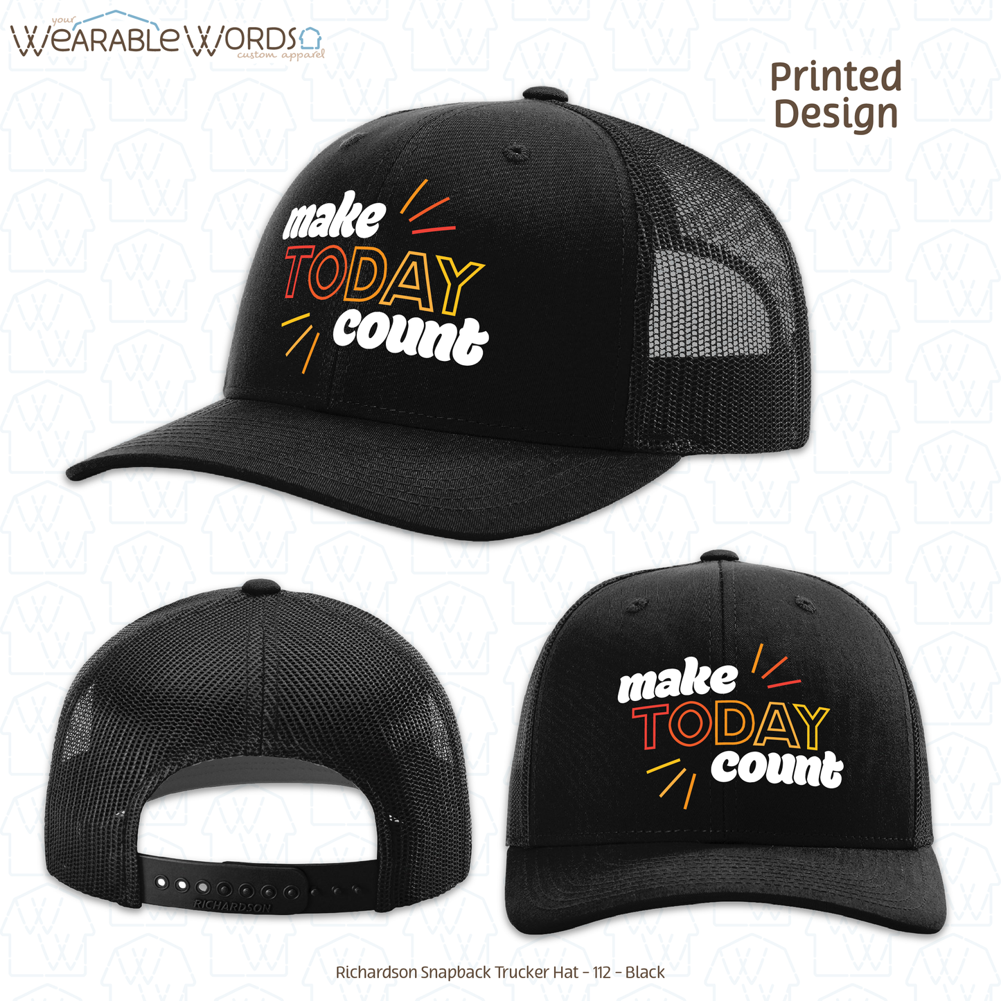 Make Today Count Graphic Hat | Red Orange Yellow Motivational Sunshine Print | Unisex Mesh Snapback