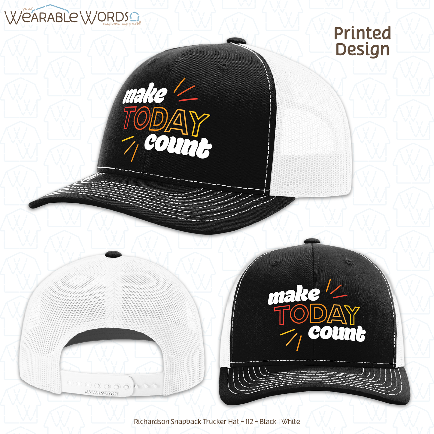 Make Today Count Graphic Hat | Red Orange Yellow Motivational Sunshine Print | Unisex Mesh Snapback
