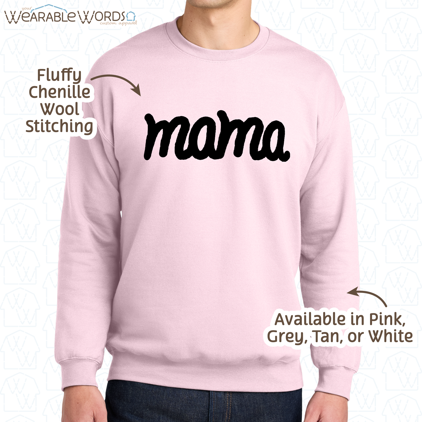 Mama Chenille Wool Black Embroidered Crewneck | Pink, White, Grey, or Tan Sweatshirt