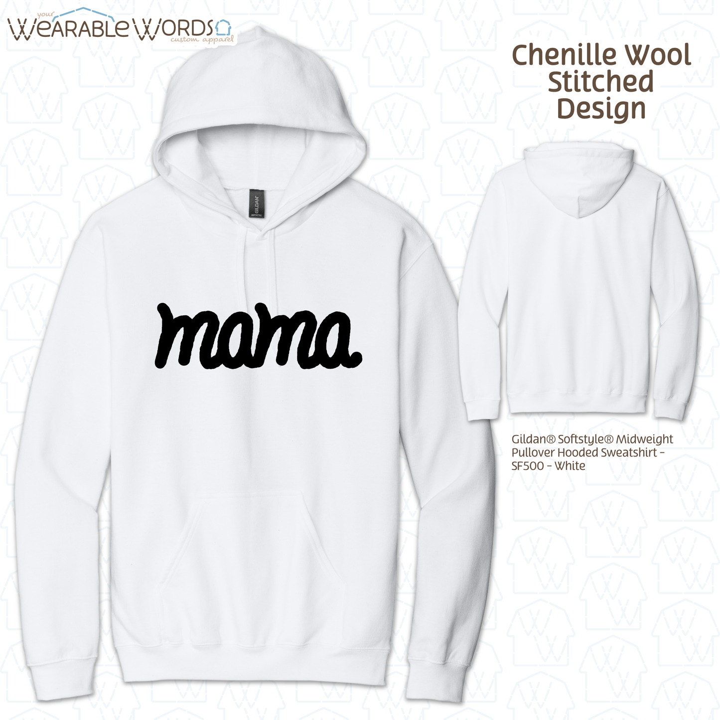 Mama Chenille Wool Black Embroidered Hoodie | Pink, White, Grey, or Tan Sweatshirt