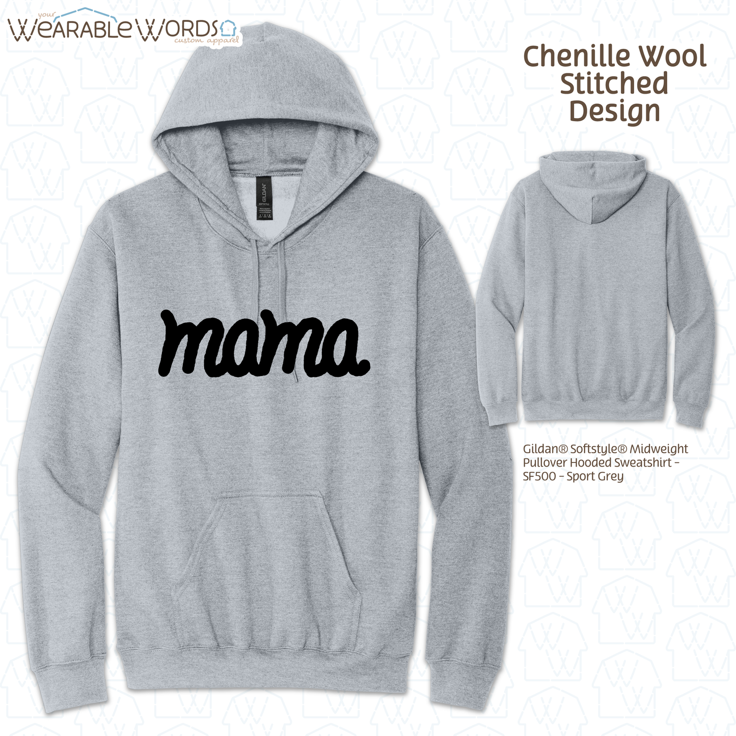 Mama Chenille Wool Black Embroidered Hoodie | Pink, White, Grey, or Tan Sweatshirt