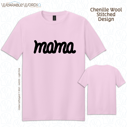 Mama Chenille Wool Black Embroidered Tee | Pink, White, Grey, or Tan T-Shirt