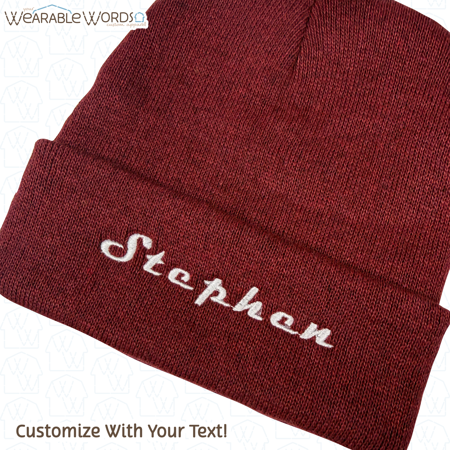 Custom Name Embroidered Hat | Maroon Cuffed Beanie
