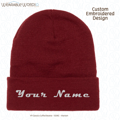 Custom Name Embroidered Hat | Maroon Cuffed Beanie