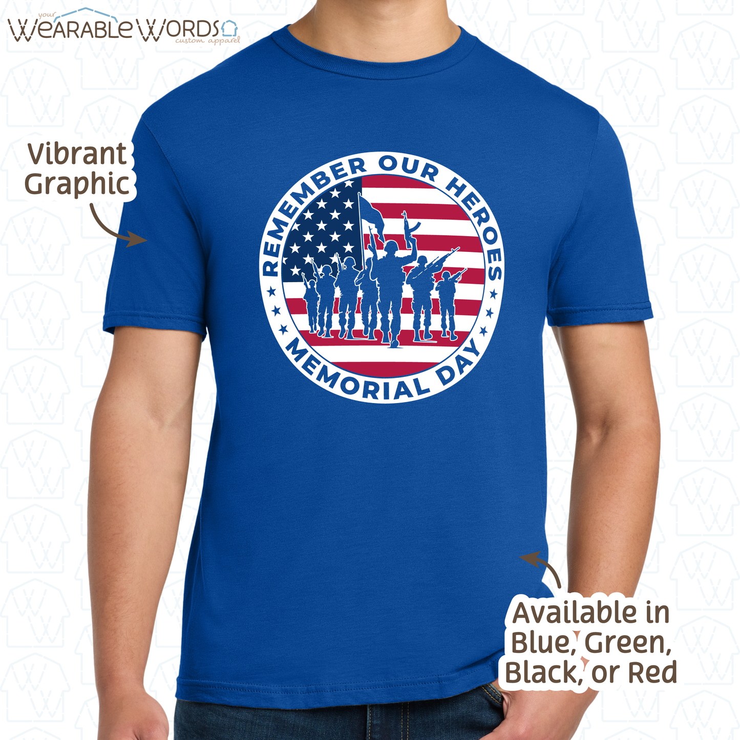 Remember Our Heroes Memorial Day Graphic Tee | American Flag Military Soldiers Circle Print | Unisex T-Shirt