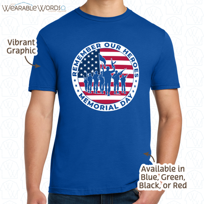 Remember Our Heroes Memorial Day Graphic Tee | American Flag Military Soldiers Circle Print | Unisex T-Shirt