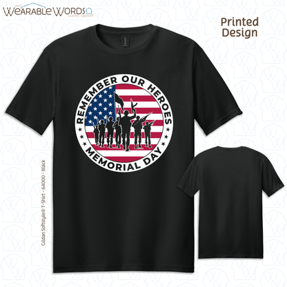 Remember Our Heroes Memorial Day Graphic Tee | American Flag Military Soldiers Circle Print | Unisex T-Shirt