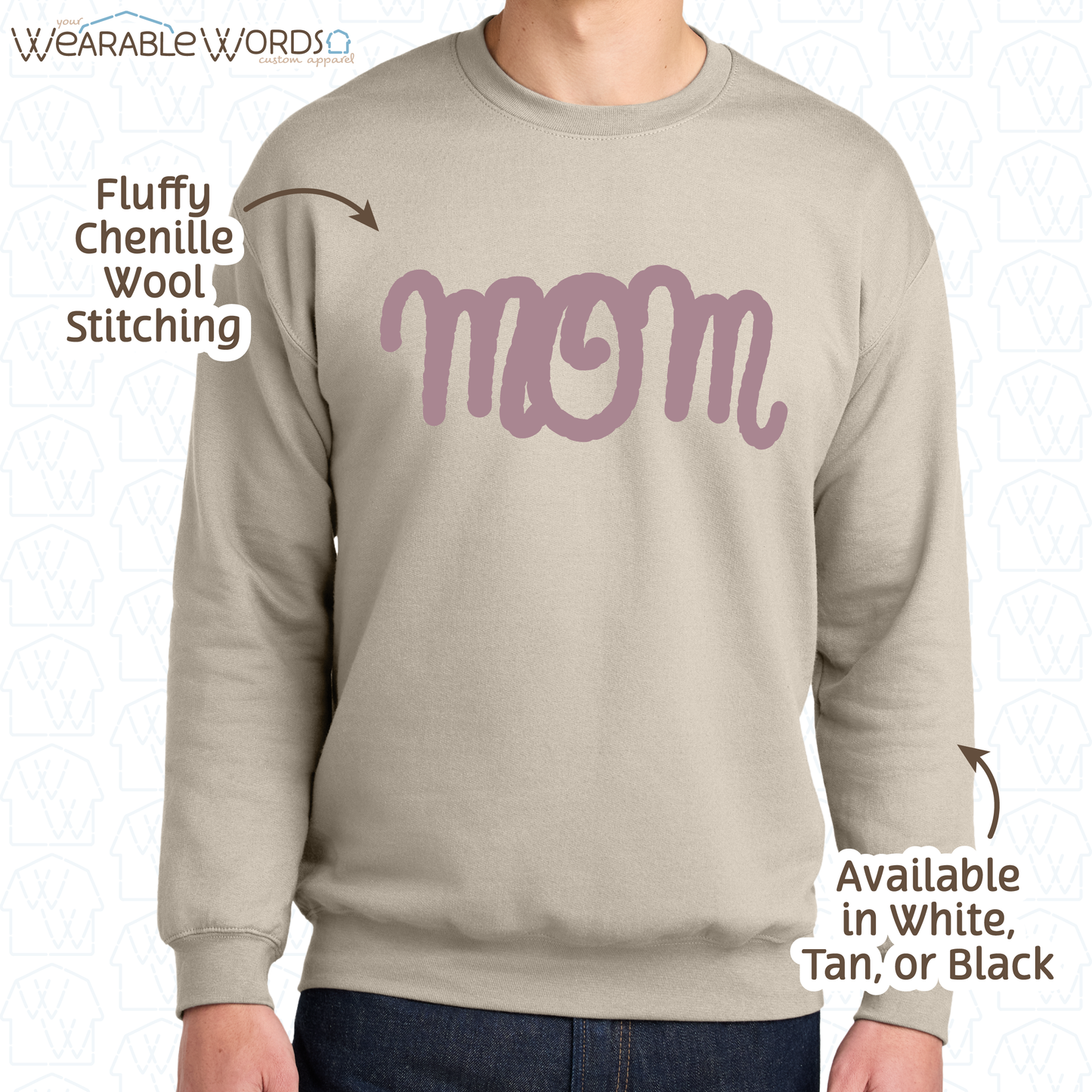 Mom Chenille Wool Rose Embroidered Crewneck | White, Tan, or Black Sweatshirt