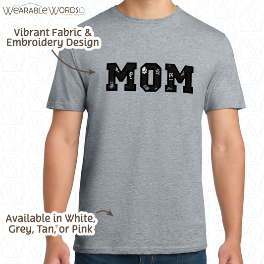 Pawprint Cat & Dog MOM Embroidered Tee | White, Pink, Tan, or Grey T-Shirt